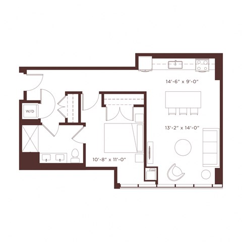 Floor plan for 1 bed, 1 bath, 795 sqft