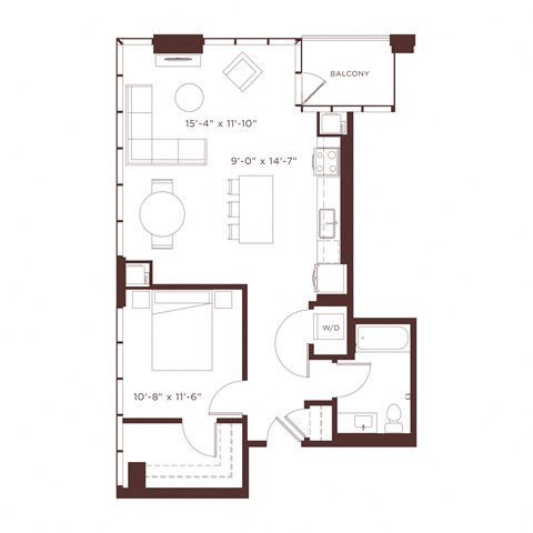 Floor plan for 1 bed, 1 bath, 840 sqft