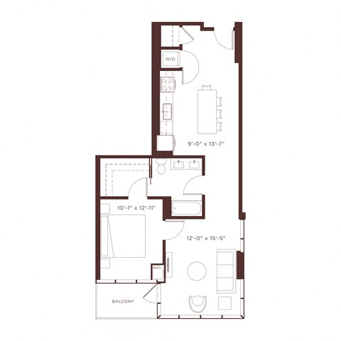 Floor plan for 1 bed, 1 bath, 865 sqft