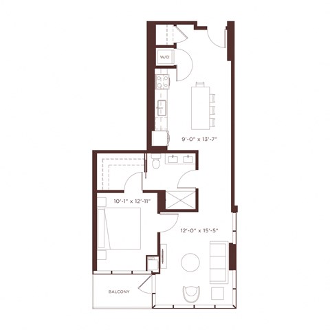 Floor plan for 1 bed, 1 bath, 865 sqft