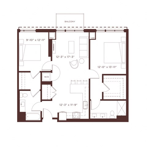 Floor plan for 2 beds, 2 baths, 1150 sqft