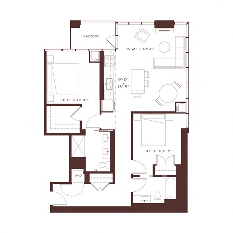 Floor plan for 2 beds, 2 baths, 1215 sqft