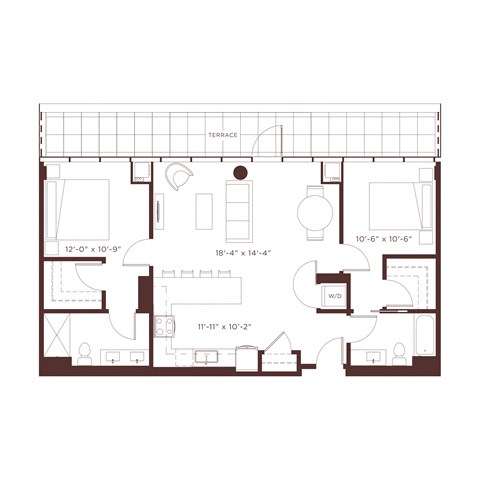 Floor plan for 2 beds, 2 baths, 1115 sqft