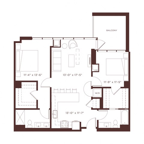 Floor plan for 2 beds, 2 baths, 1105 sqft