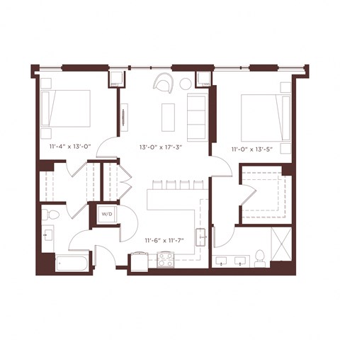 Floor plan for 2 beds, 2 baths, 1150 sqft