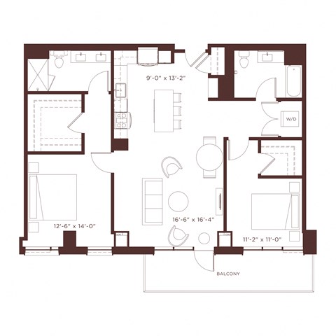 Floor plan for 2 beds, 2 baths, 1305 sqft