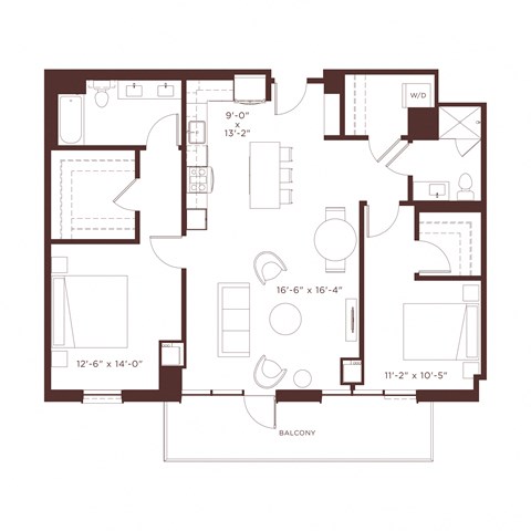 Floor plan for 2 beds, 2 baths, 1300 sqft