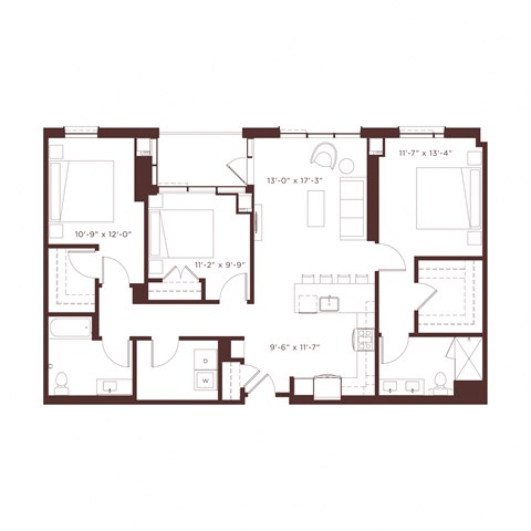 Floor plan for 3 beds, 2 baths, 1440 sqft