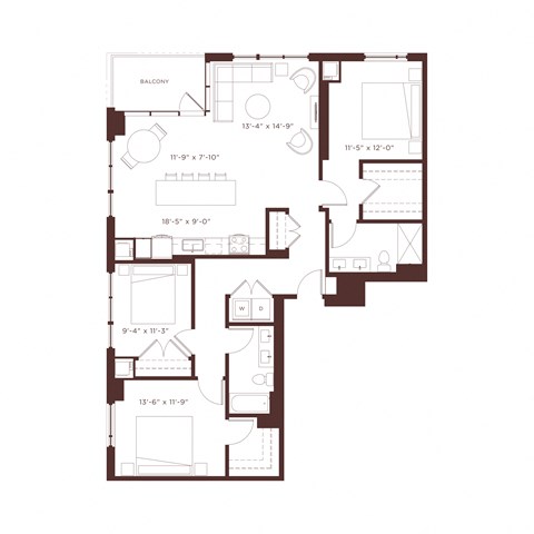 Floor plan for 3 beds, 2 baths, 1535 sqft