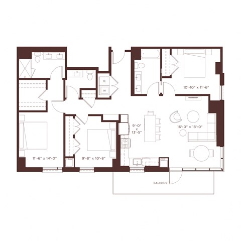 Floor plan for 3 beds, 3 baths, 1600 sqft