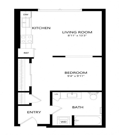 Floor plan for studio, 1 bath, 562 sqft