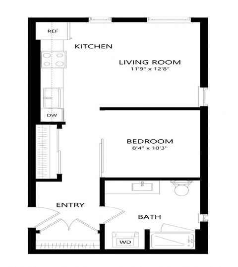 Floor plan for 1 bed, 1 bath, 537 sqft
