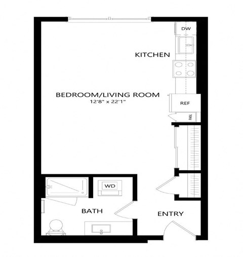 Floor plan for 1 bed, 1 bath, 528 sqft