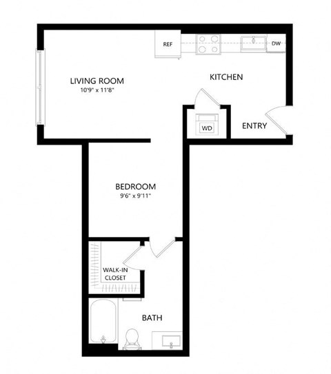 Floor plan for 1 bed, 1 bath, 553 sqft