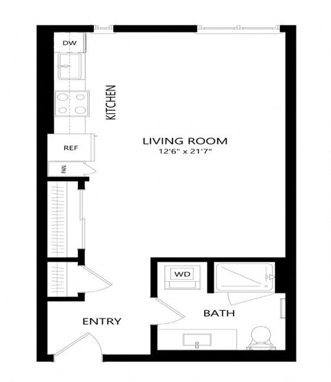 Floor plan for studio, 1 bath, 521 sqft