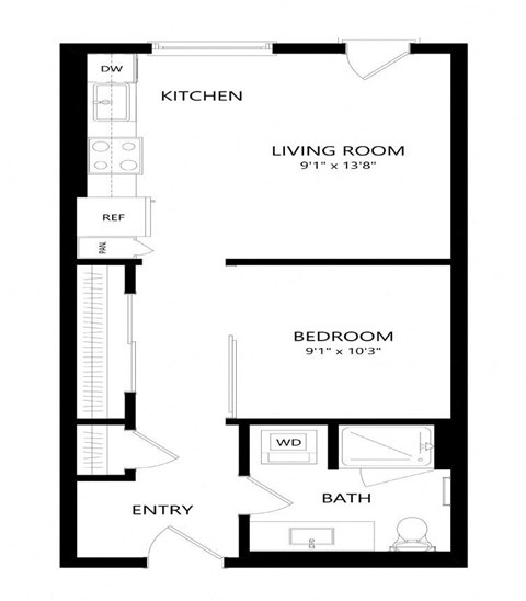 Floor plan for 1 bed, 1 bath, 562 sqft