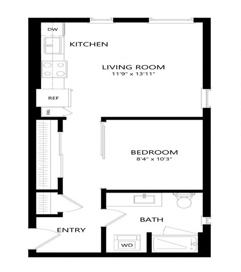 Floor plan for 1 bed, 1 bath, 537 sqft