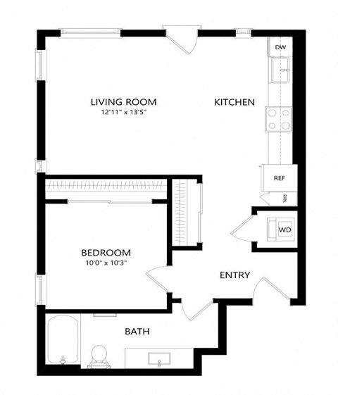 Floor plan for 1 bed, 1 bath, 692 sqft