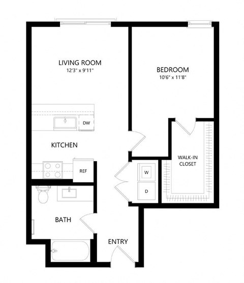 Floor plan for 1 bed, 1 bath, 680 sqft