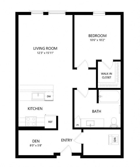 Floor plan for 1 bed, 1 bath, 791 sqft
