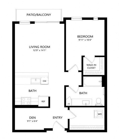 Floor plan for 1 bed, 1 bath, 779 sqft