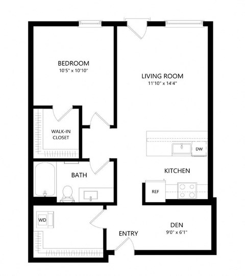 Floor plan for 1 bed, 1 bath, 781 sqft