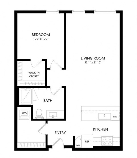 Floor plan for 1 bed, 1 bath, 791 sqft