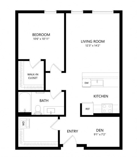 Floor plan for 1 bed, 1 bath, 790 sqft