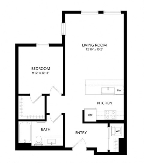 Floor plan for 1 bed, 1 bath, 700 sqft