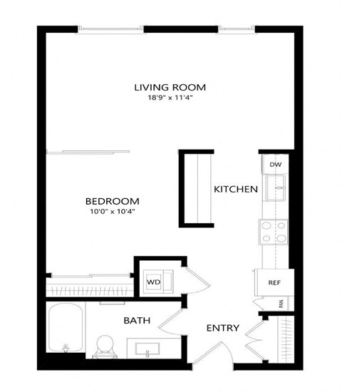 Floor plan for studio, 1 bath, 649 sqft