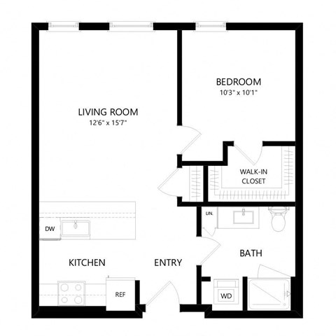 Floor plan for 1 bed, 1 bath, 631 sqft
