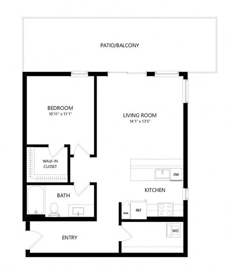 Floor plan for 1 bed, 1 bath, 788 sqft
