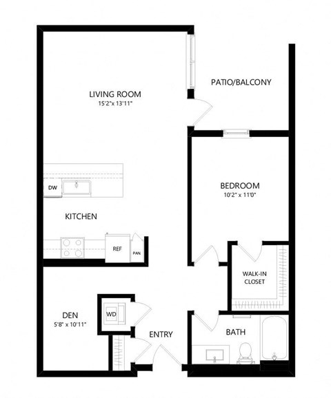 Floor plan for 1 bed, 1 bath, 848 sqft
