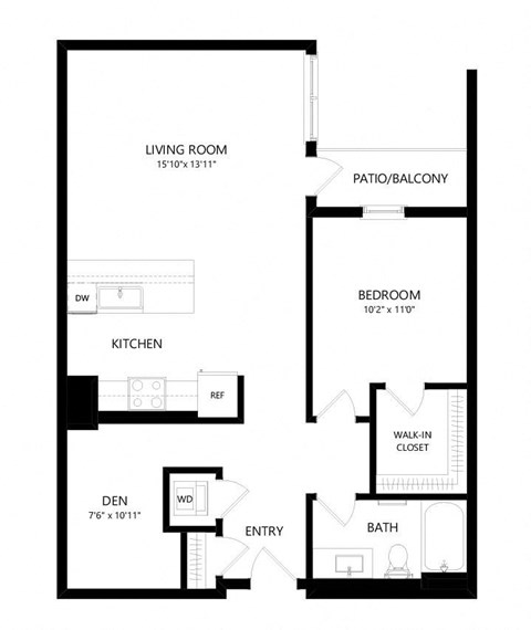 Floor plan for 1 bed, 1 bath, 881 sqft