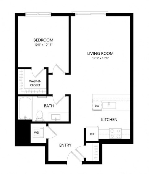 Floor plan for 1 bed, 1 bath, 717 sqft