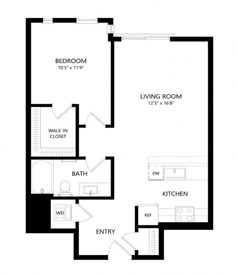 Floor plan for 1 bed, 1 bath, 740 sqft