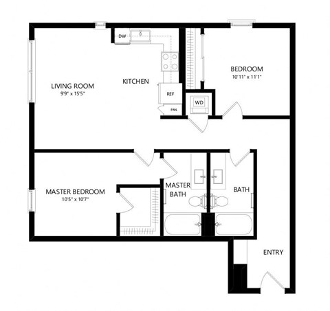 Floor plan for 2 beds, 2 baths, 964 sqft