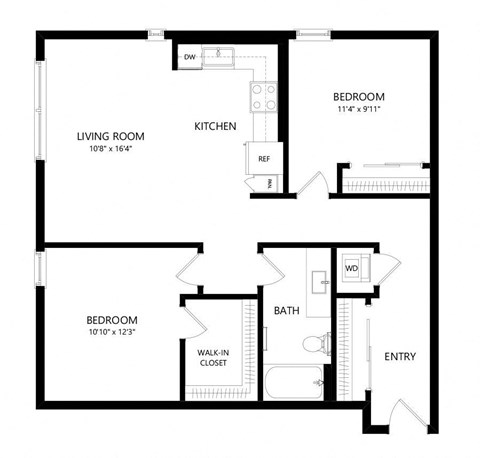 Floor plan for 2 beds, 1 bath, 978 sqft