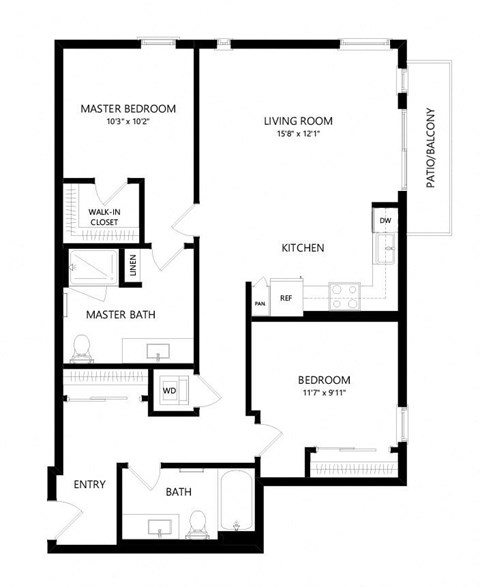 Floor plan for 2 beds, 2 baths, 1054 sqft