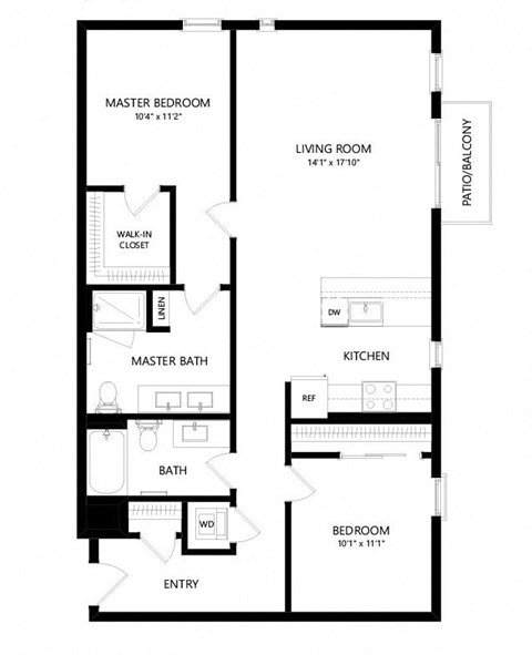 Floor plan for 2 beds, 2 baths, 1097 sqft