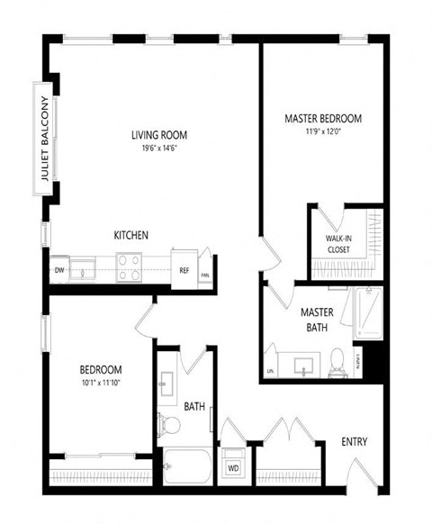 Floor plan for 2 beds, 2 baths, 1160 sqft