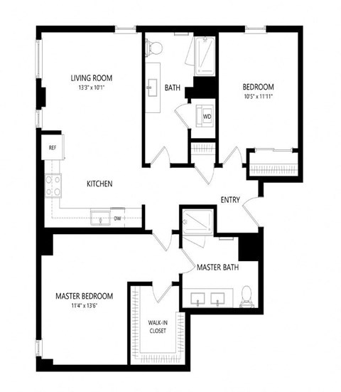 Floor plan for 2 beds, 2 baths, 1070 sqft
