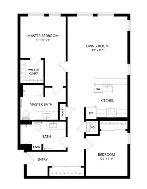 Floor plan for 2 beds, 2 baths, 1069 sqft