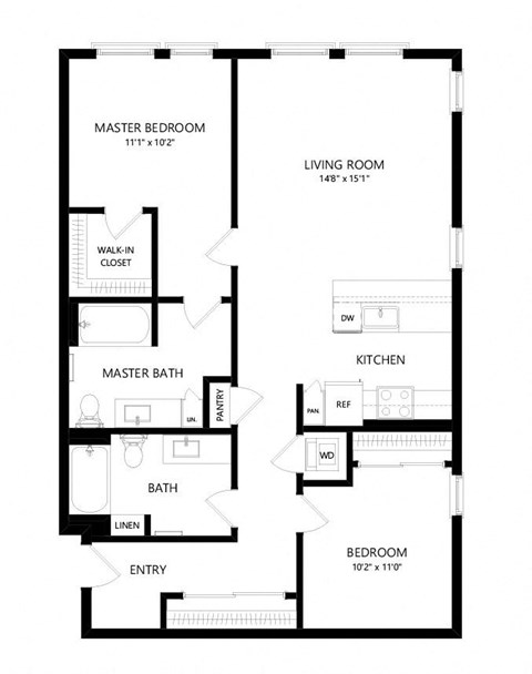 Floor plan for 2 beds, 2 baths, 1069 sqft