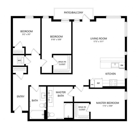 Floor plan for 3 beds, 2 baths, 1296 sqft