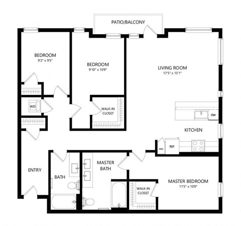 Floor plan for 3 beds, 2 baths, 1296 sqft