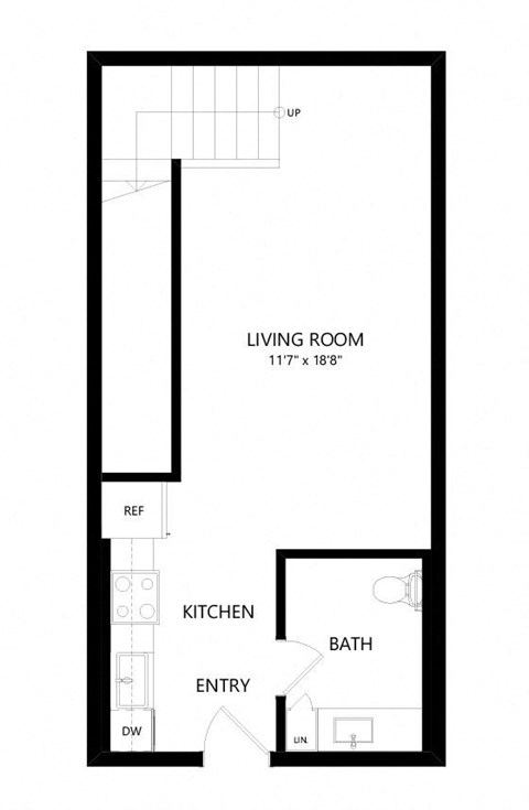 Floor plan for 1 bed, 1.5 baths, 924 sqft