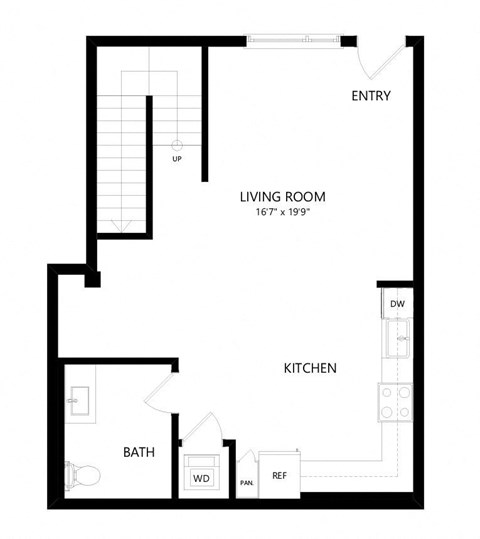 Floor plan for 1 bed, 1.5 baths, 991 sqft