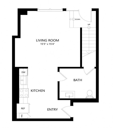 Floor plan for 1 bed, 1.5 baths, 995 sqft