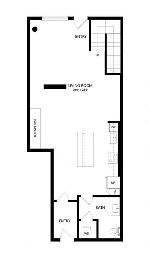 Floor plan for 1 bed, 1.5 baths, 1233 sqft